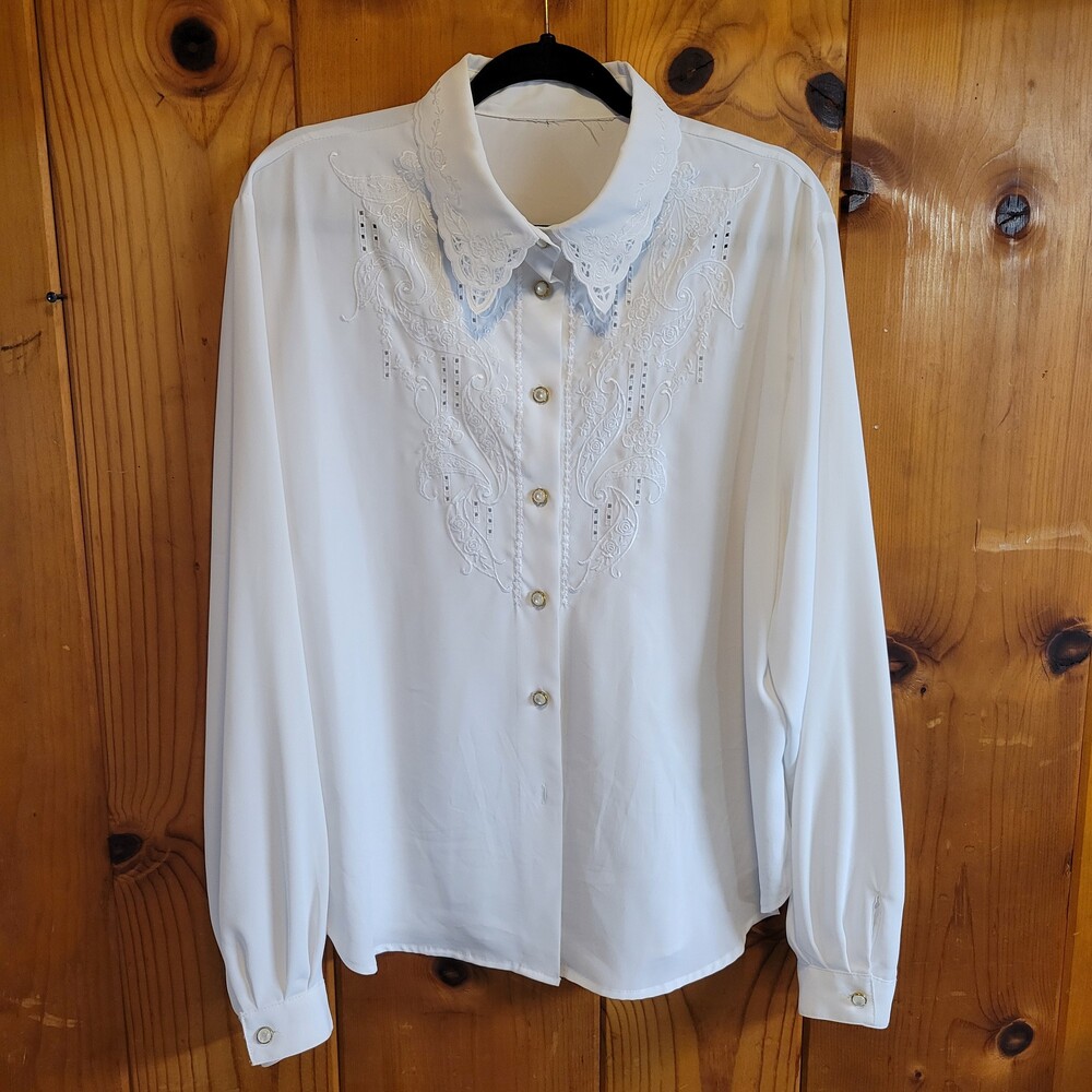Vintage 80s 90s White Large Polyester Blouse Embroidered Floral Pearl Buttons